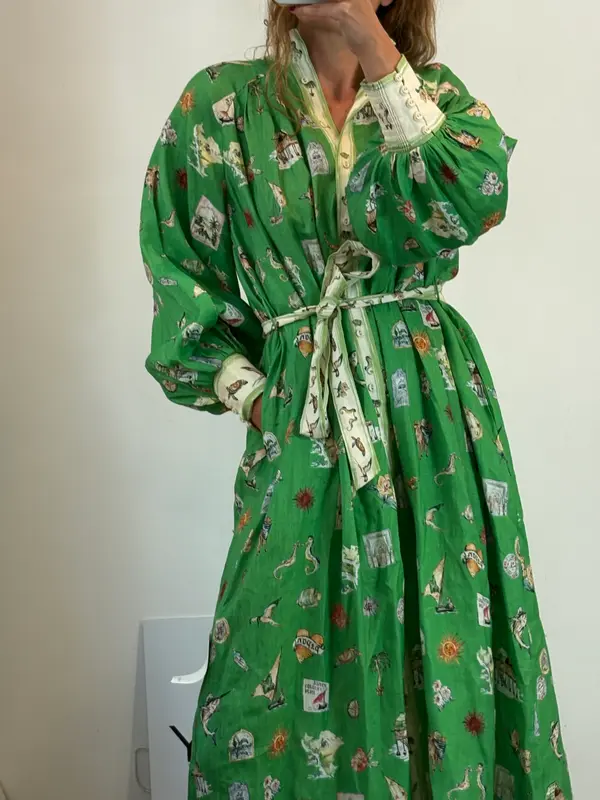ALÉMAIS. Vestido lino abotonado estampado