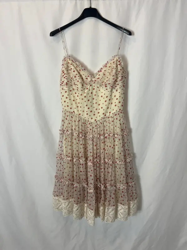 ALMA AGUILAR. Vestido seda volates y lunares. T 38