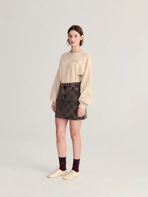 Almost Moiré all over washed denim mini skirt
