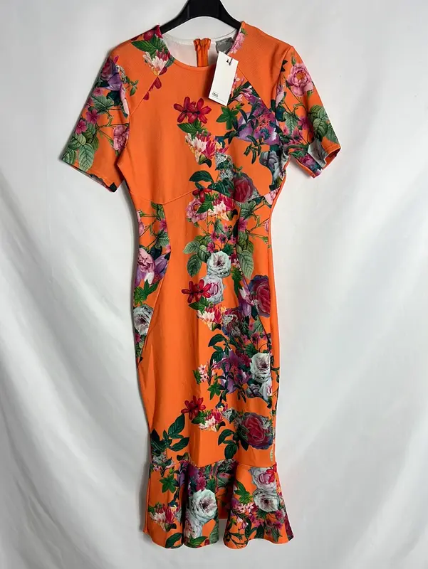 ASOS. Vestido midi naranja estampado ajustado. T 38