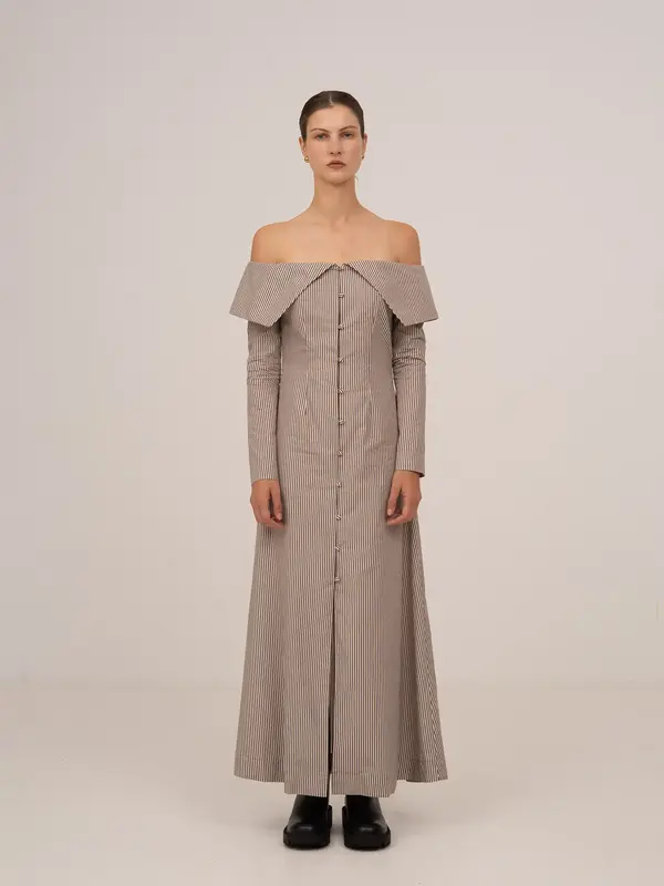Bardot Brown Striped Off Shoulder Maxi Dress