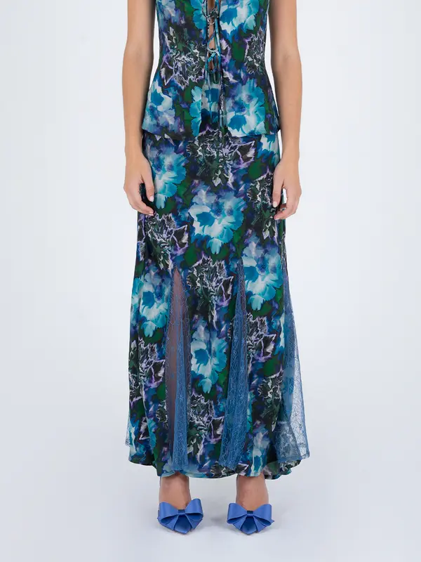 Blue Lotus Flower Print and Lace Skirt