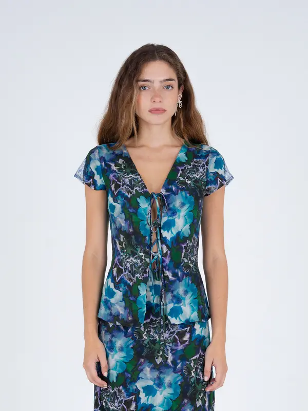 Blue Lotus Flower Print and Lace Top