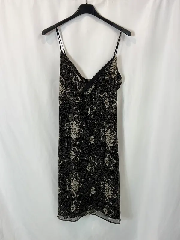 BLUNAUTA. Vestido midi seda negro estampado. T 40