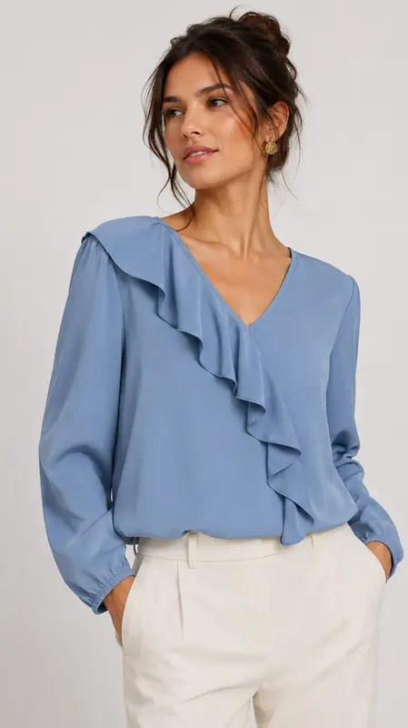 Blusa Celeste Volante Elegance – Detalle Dorado Espalda