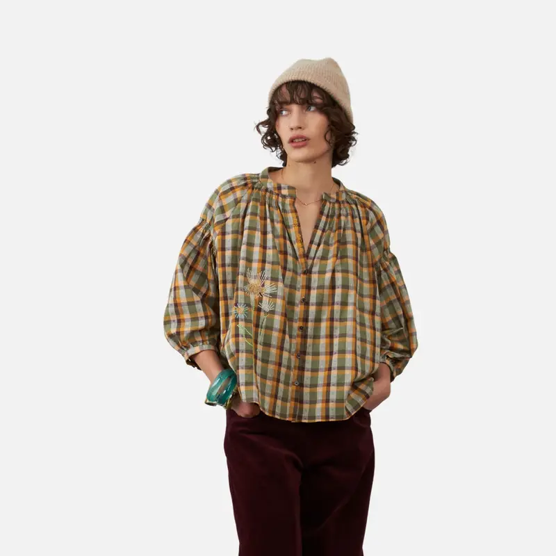 Blusa de cuadros de algodón con bordado floral - Orfeo