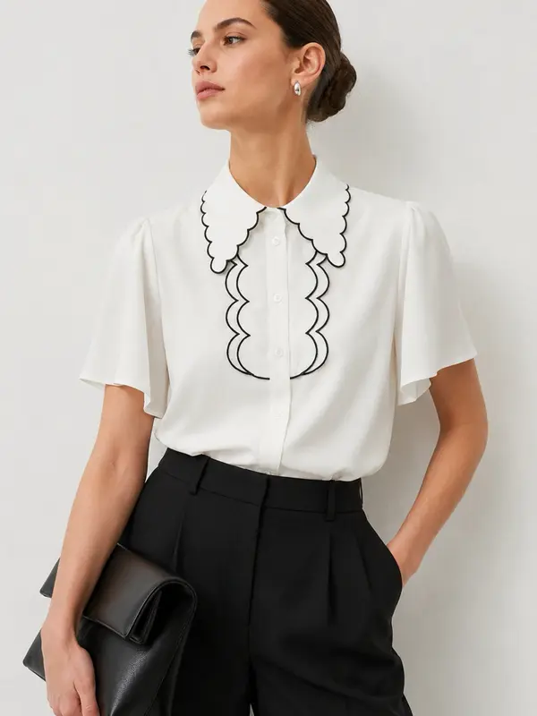 Blusa de manga farol con borde ondulado en contraste