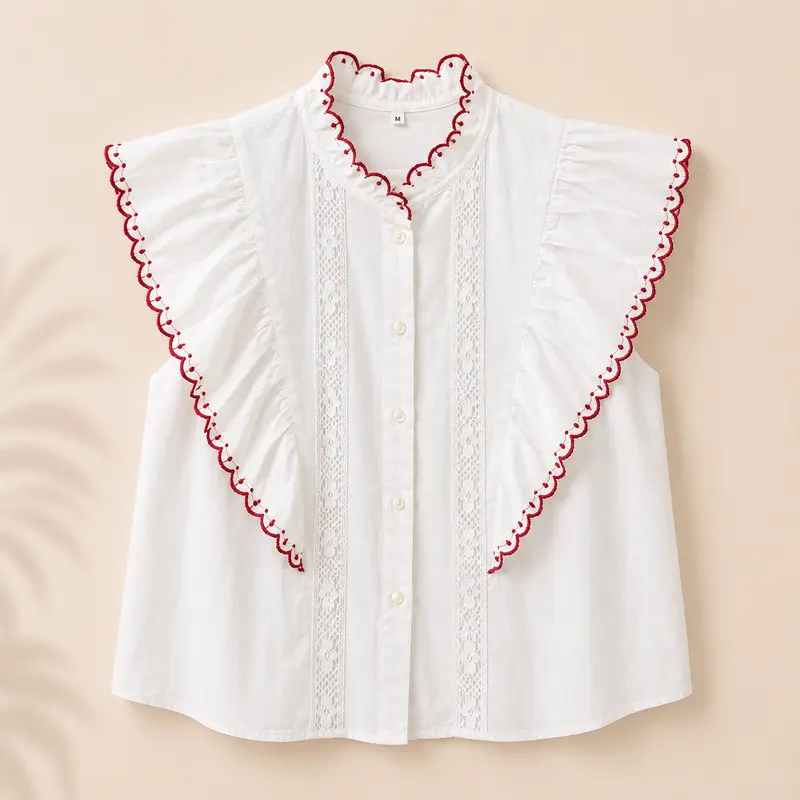 Blusa de mujer blanca con mangas cortas de volante, ribete rojo y detalles de encaje estilo romántico Trapío
