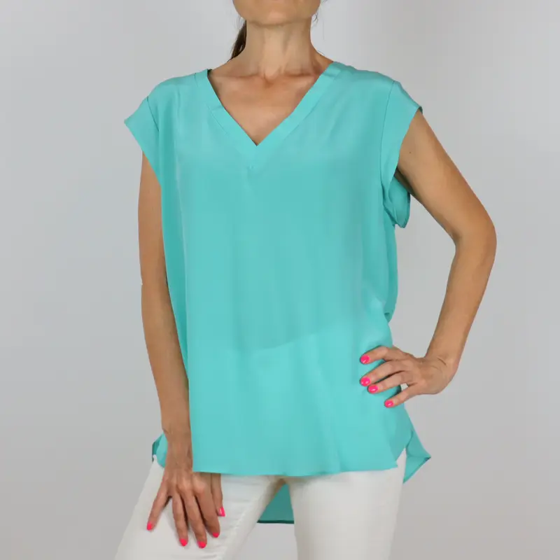 Blusa de seda manga corta verde aqua