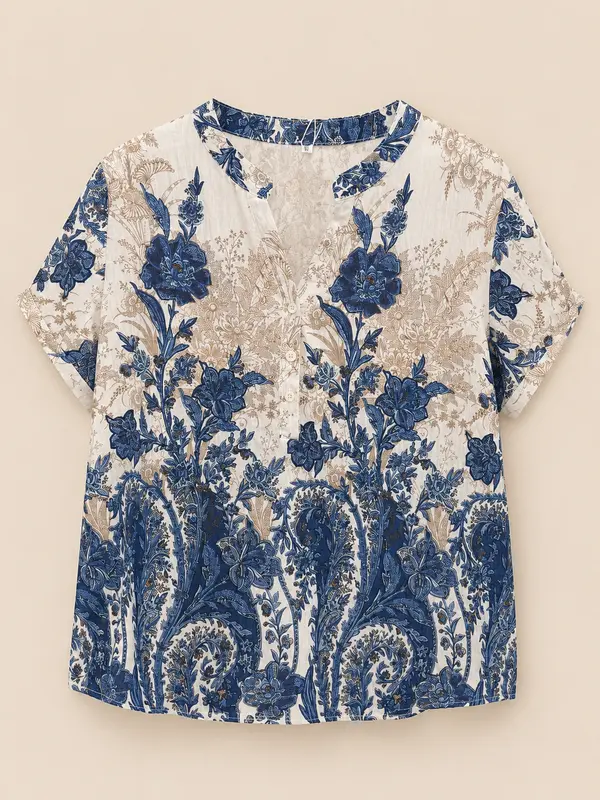 Blusa Estampada Floral Azul y Beige Trapio