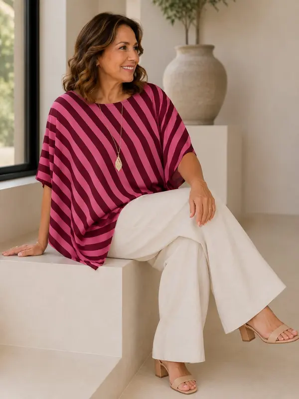 Blusa Rayas Diagonales Dava - Rosa con rayas burdeos