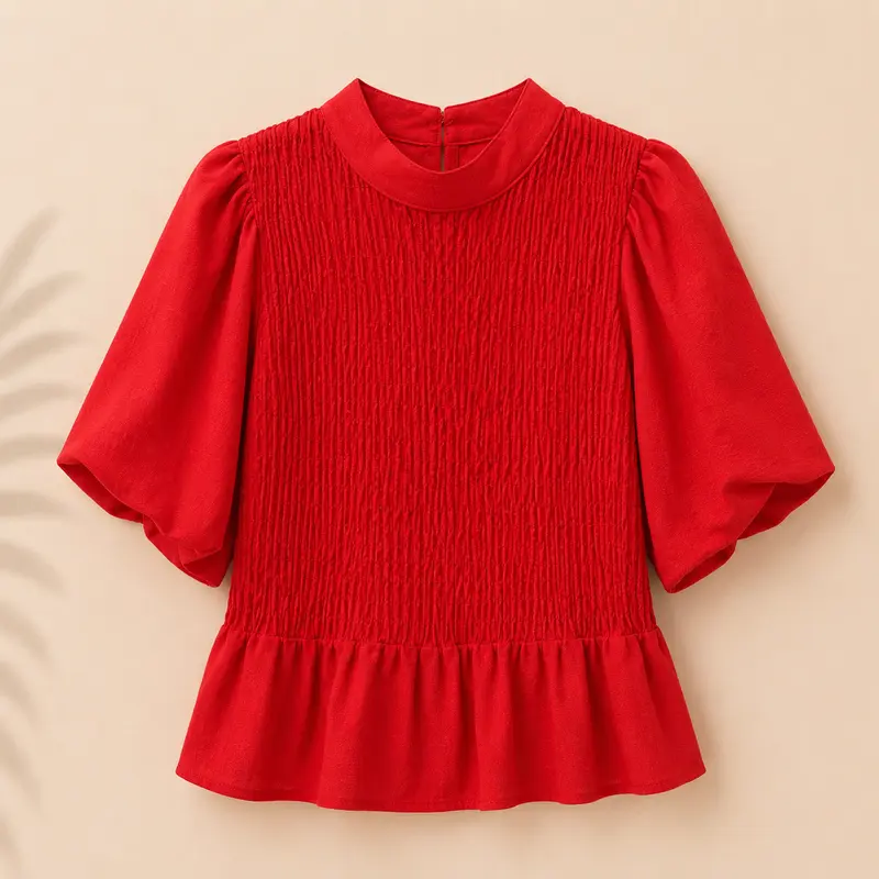 Blusa Roja de Mujer con Cuerpo Fruncido, Manga Corta Abullonada y Bajo Volante Estilo Peplum – Elegante y Favorecedora Trapío
