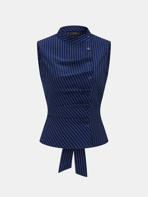 Blusa Sin Mangas a Rayas con Cuello Alto y Lazo en la Espalda
