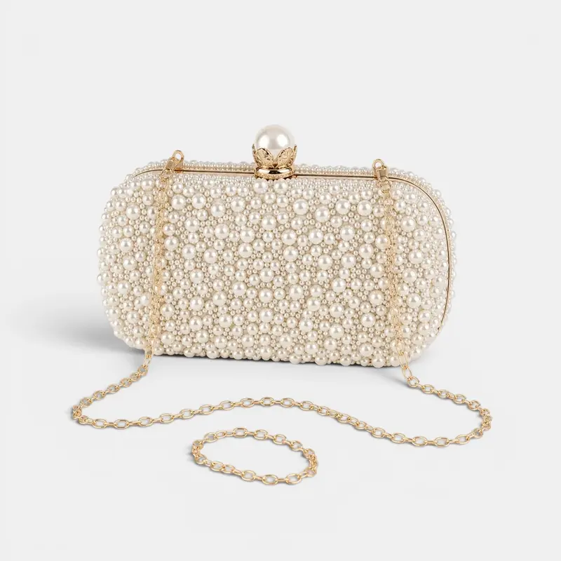 Bolso Clutch Beige Perlas Elegante Mujer
