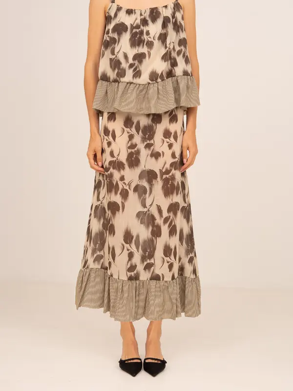 Bouquet Brown Flower Print Midi Skirt
