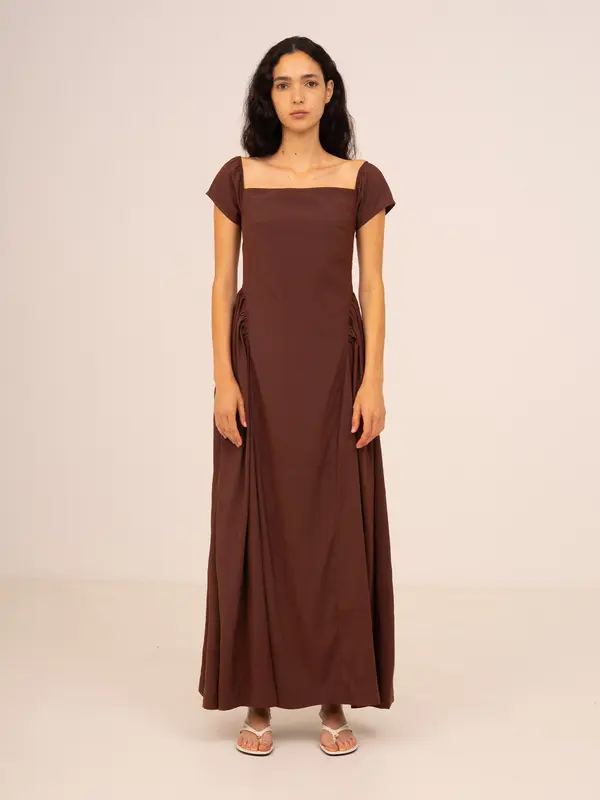 Bruna Off Shoulder Brown Maxi Dress