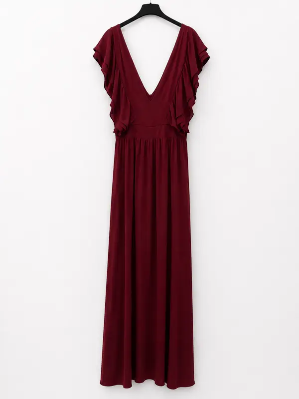 BY CLÉA.Vestido largo burdeos volantes (36,38 y 40)
