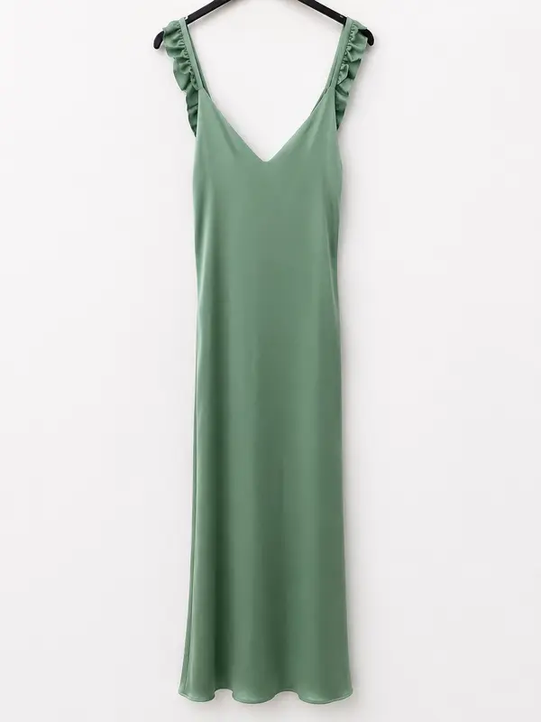 BY CLÉA.Vestido largo verde agua satinado (36,38)