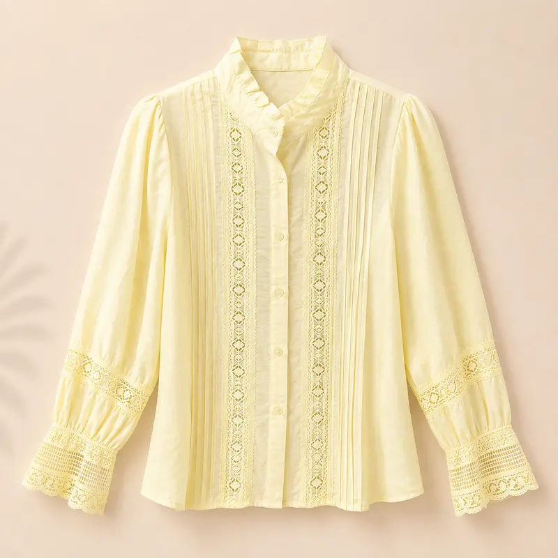 Camisa de mujer amarilla pastel con cuello mao, detalles de encaje y manga larga abullonada estilo romántico Trapío