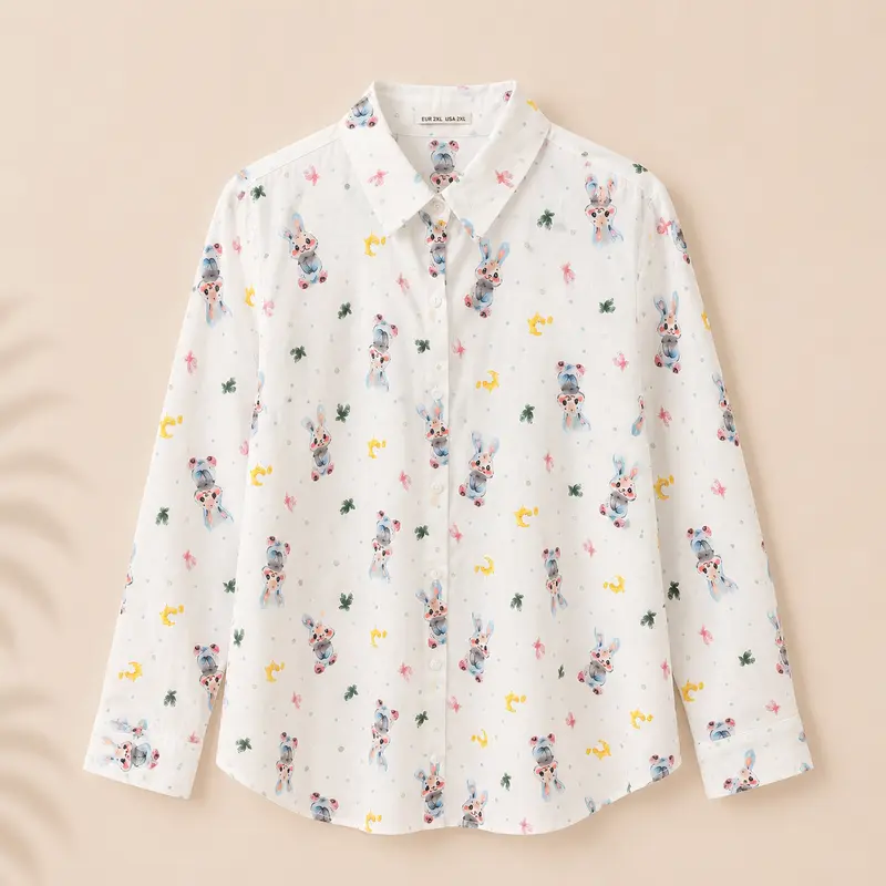 Camisa de mujer blanca con estampado de conejitos multicolor, cuello camisero y manga larga Trapío