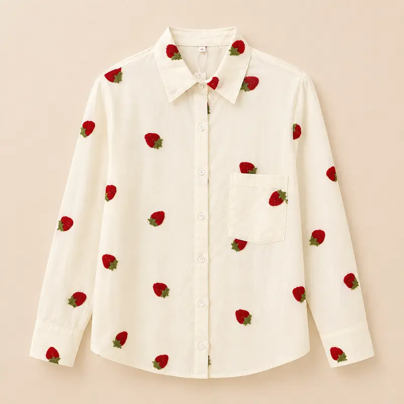 Camisa de mujer blanca con fresas rojas bordadas, cuello camisero, bolsillo delantero y manga larga Trapío