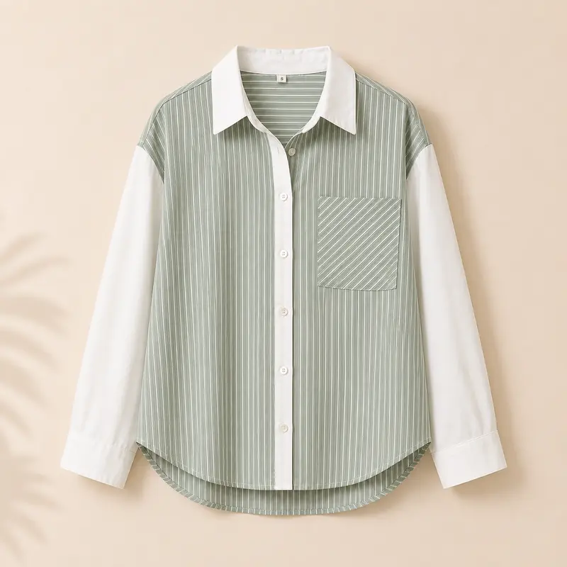 Camisa de mujer de rayas verticales verde salvia y blanco con cuello camisero y bolsillo delantero Trapío