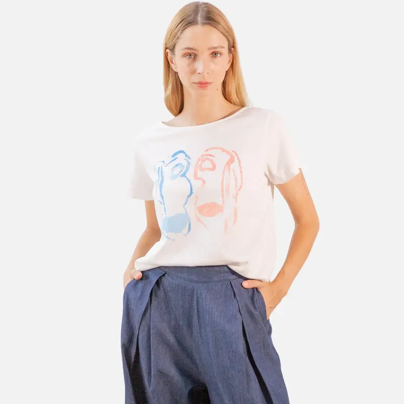 Camiseta blanca de algodón con caras - PAN