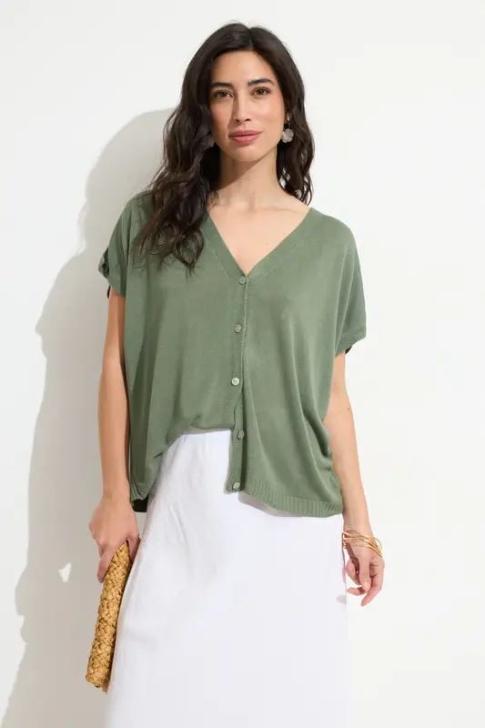 Camiseta Punto Botones Verde Caqui