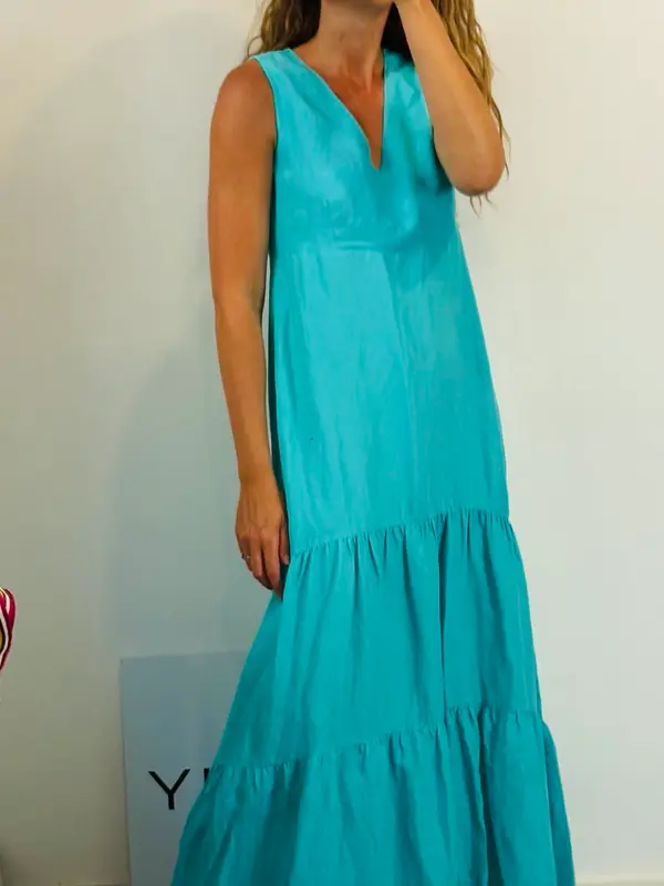 CARACTÉRE. Vestido largo azul turquesa con lino