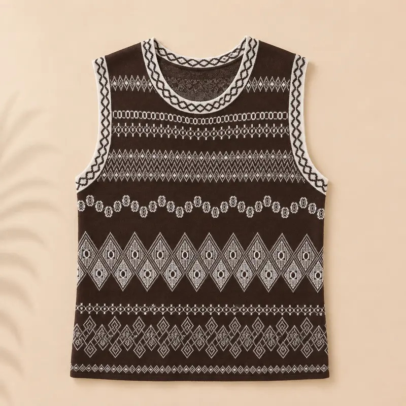 Chaleco de Punto de Mujer Marrón Chocolate con Estampado Geométrico en Contraste, Cuello Redondo y Detalles Étnicos – Chaleco de Punto Sin Mangas Trapío