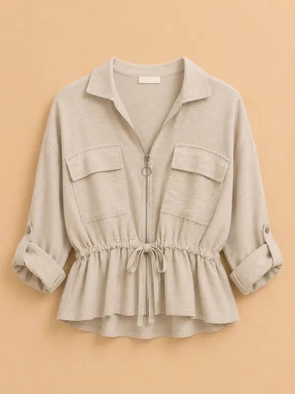 Chaqueta Beige con Cremallera, Bolsillos y Cordón Trapio