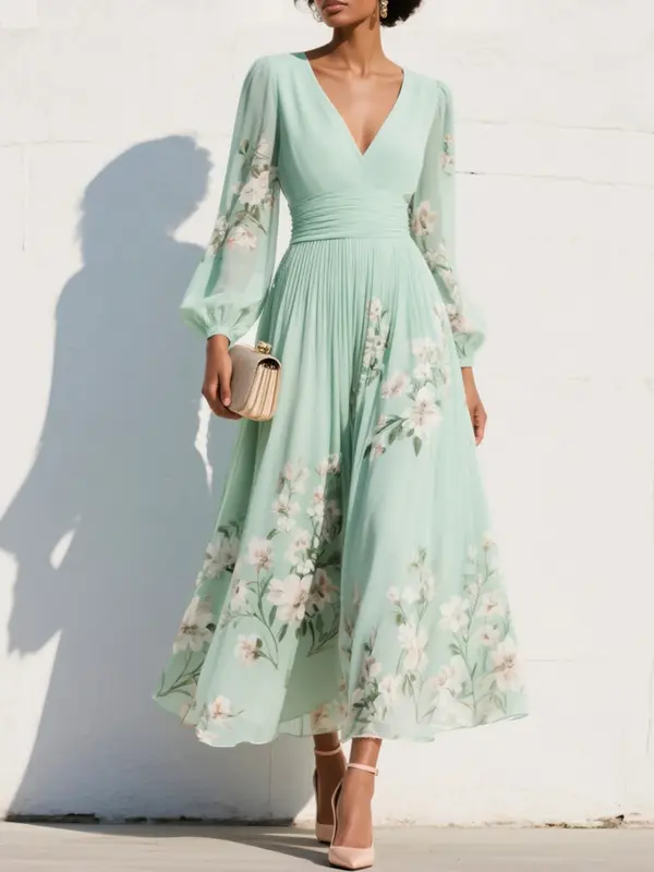 Cisella | Vestido midi verde claro con estampado floral