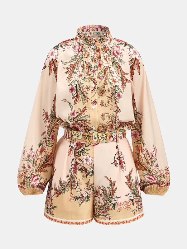 Conjunto de Camisa Estampada Floral y Pantalón Corto con Cinturón