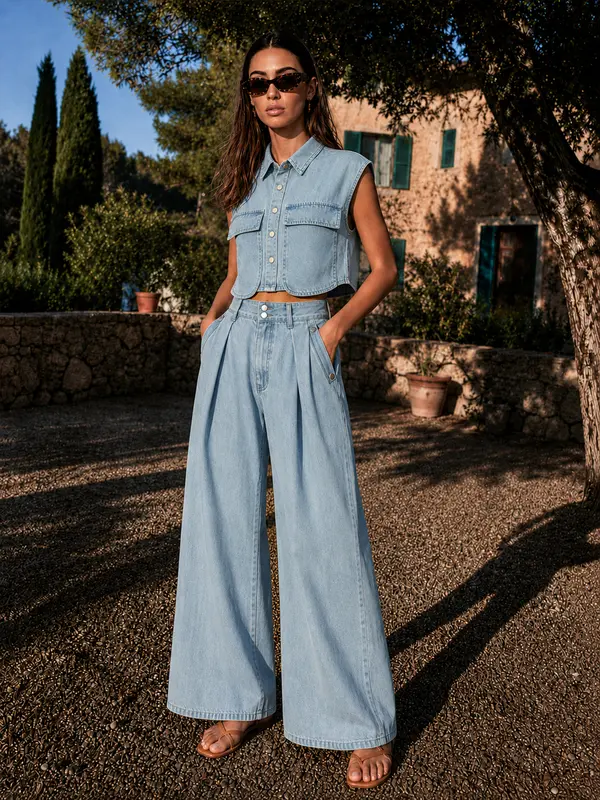 Conjunto de Top Vaquero Sin Mangas y Pantalón Plisado