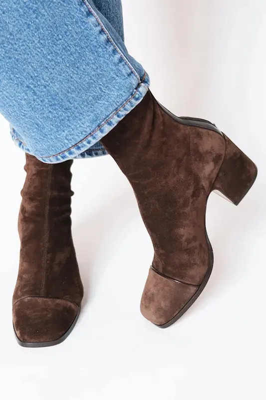 Dark Brown Suede Boots with Tall Heel and Square Toe