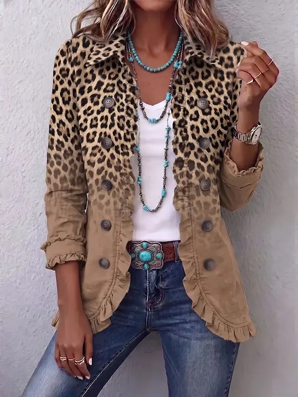 Donatienne | Vintage Ombré Leopard Print Jacket in Camel with Ruffle Trim