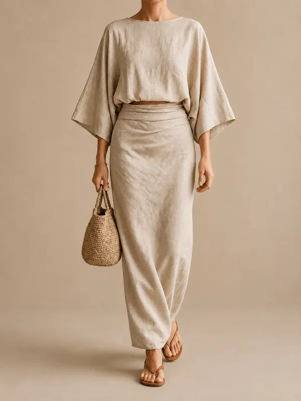 Elegant Linen Set with Long Skirt