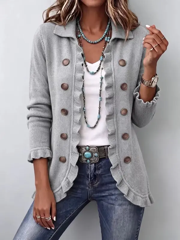 Elena™ | Chaqueta de Punto Gris Jaspeado con Volantes