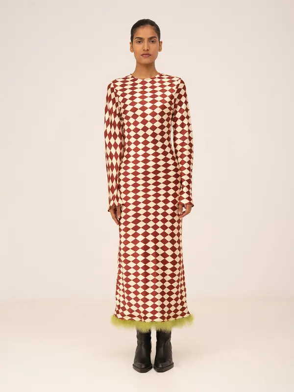 Elf Diamond Print Red Feather Dress