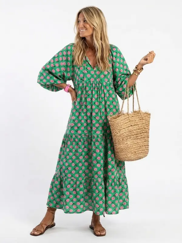 Fiora™ | Vestido Midi Floral con Cuello en V y Volantes Escalonados