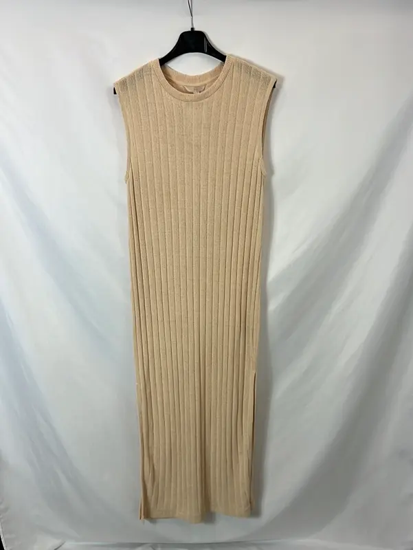 H&M. Vestido canalé beige largo. T S