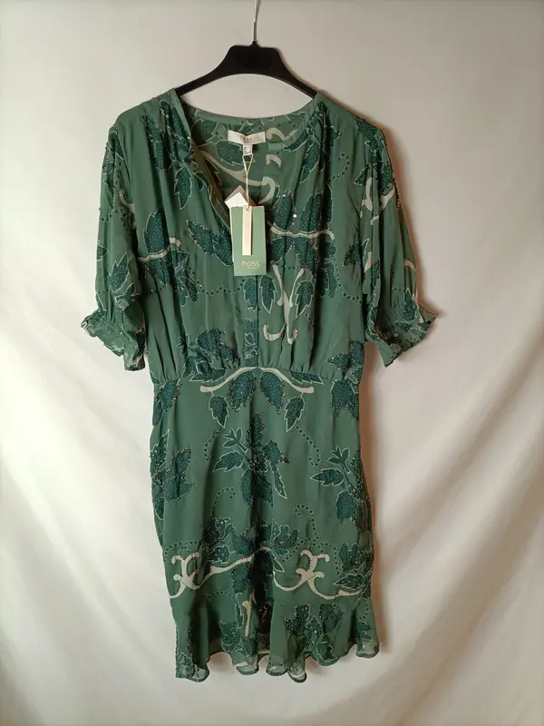 INTROPIA. Vestido corto verde abalorios  T.s