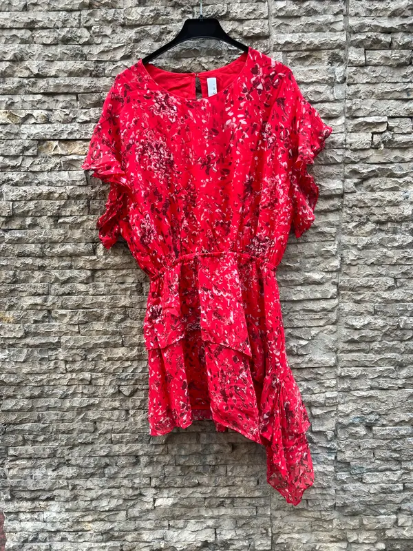 IRO. Vestido rojo estampado asimétrico. T 36