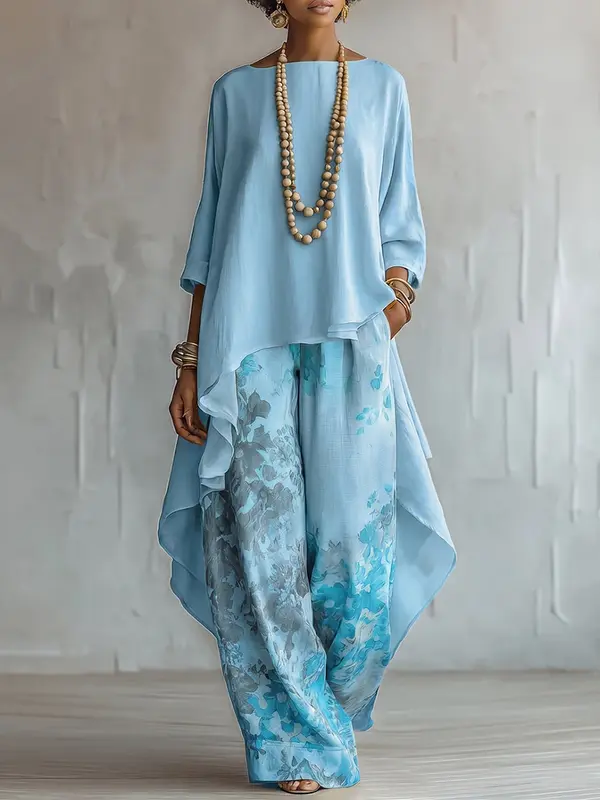 Isabella | Asymmetric Chiffon Top and Floral Print Wide-Leg Trousers Set