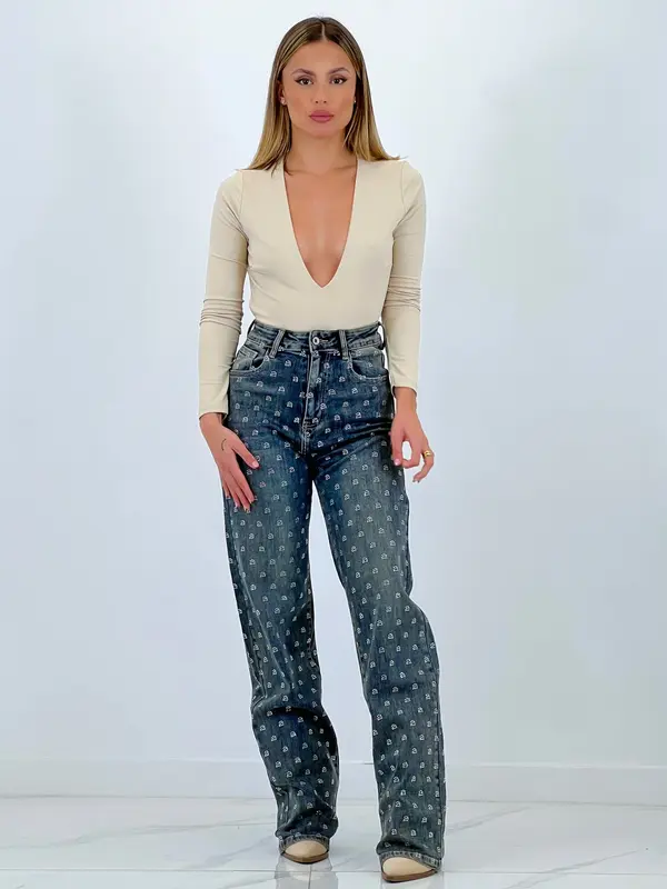 Jeans wide leg círculos brillantes
