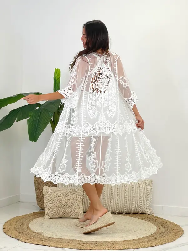 Kimono largo calado bordado