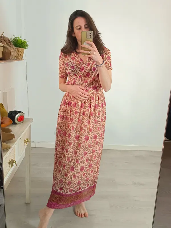 LOUISE MISHA. Vestido beige cruzado flores T.36