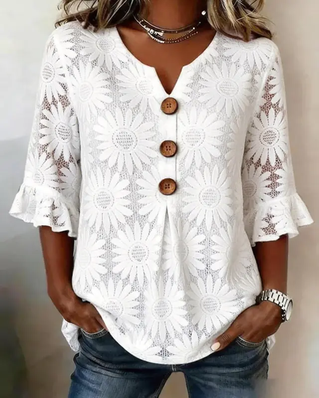 Lucia | Daisy Print Blouse with Ruffle Trim