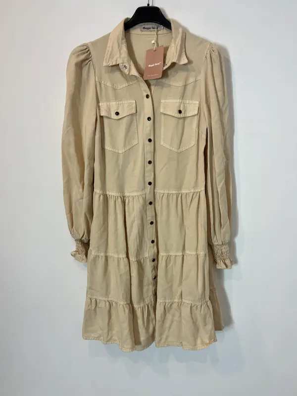 MAGGIE SWEET. Vestido beige camisero volantes. T S