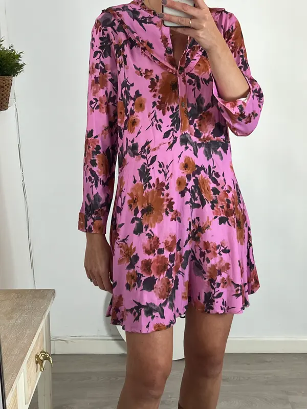 MAGNOLYA. Vestido corto rosa flores T.0(s/m)